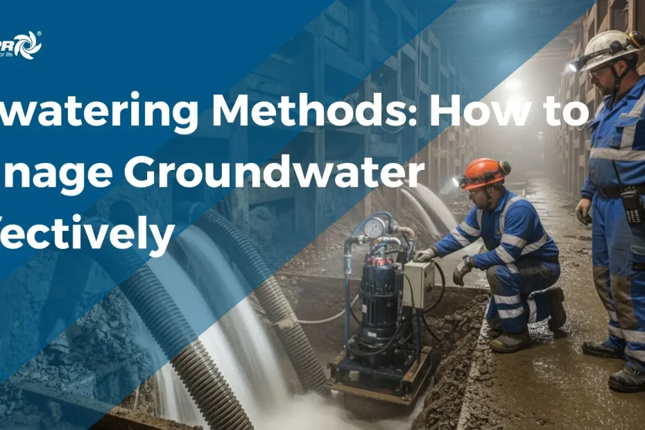Underground dewatering scene with sump pump and workers, discharging groundwater through hoses in a confined tunnel.