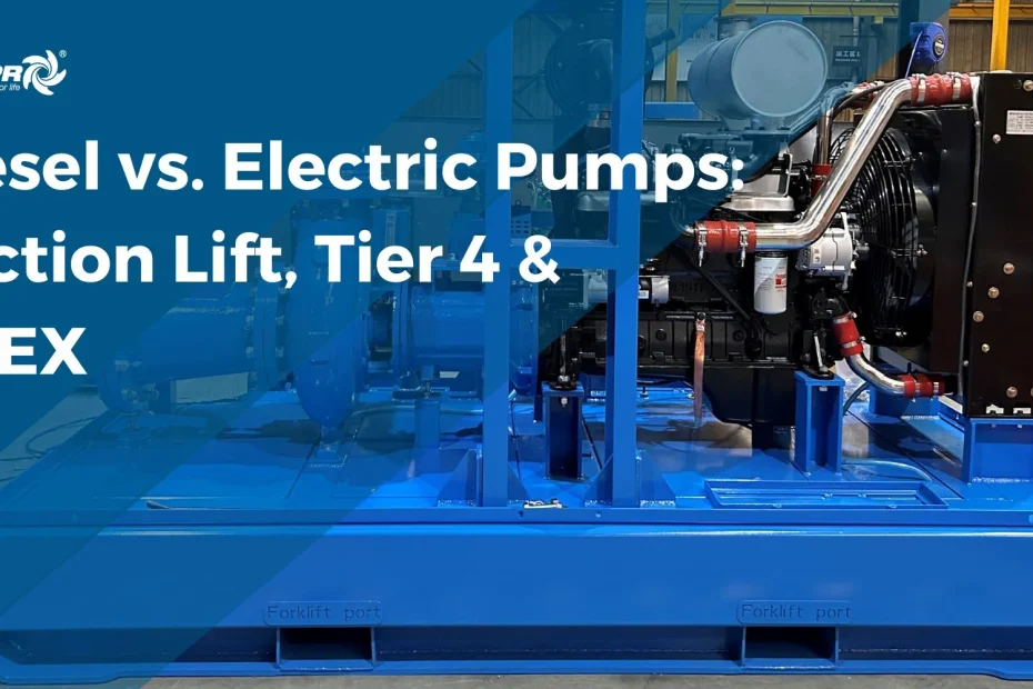 Cover image for the Diesel vs. Electric Dewatering guide, featuring a heavy-duty skid-mounted diesel pump.
