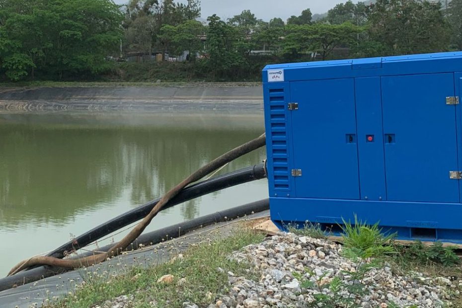 Dynapro dewatering pump installation at a retention pond, providing field context for dewatering pump selection.